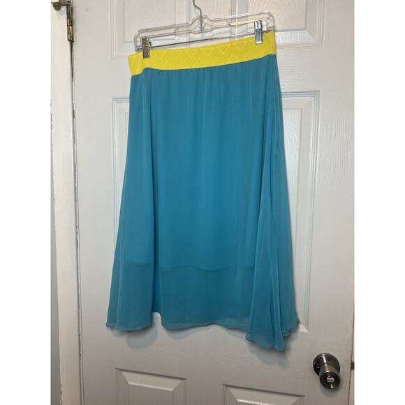 LuLaRoe Lola Skirt Size M Blue Yellow Sheer Lined Midi Skirt Elastic Waist Boho - Picture 2 of 8